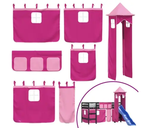 Bērnu Augstā Gulta Ar Torni, Rozā, 80X200 Cm, Priedes Masīvkoks Vidaxl