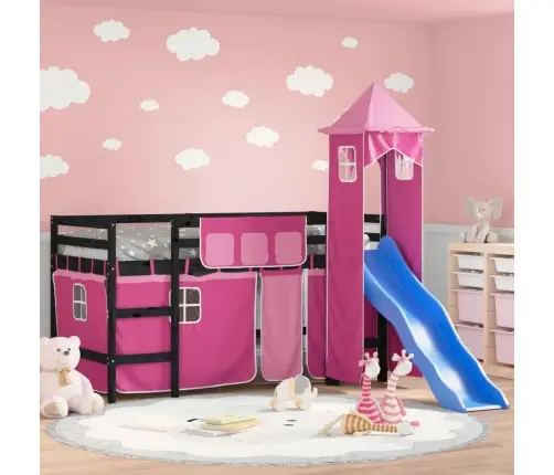 Bērnu Augstā Gulta Ar Torni, Rozā, 80X200 Cm, Priedes Masīvkoks Vidaxl