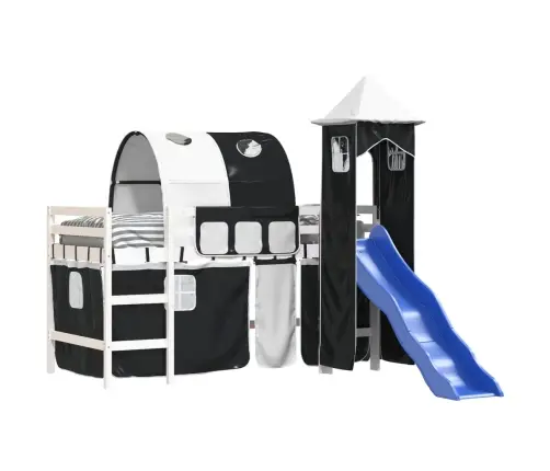 Laste Kõrge Voodi Torniga, Valge/Must, 80 X 200 cm Männipuit