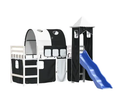 Laste Kõrge Voodi Torniga, Valge/Must, 80 X 200 cm Männipuit