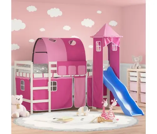Laste Kõrge Voodi Torniga, Roosa, 80 X 200 cm Männipuit