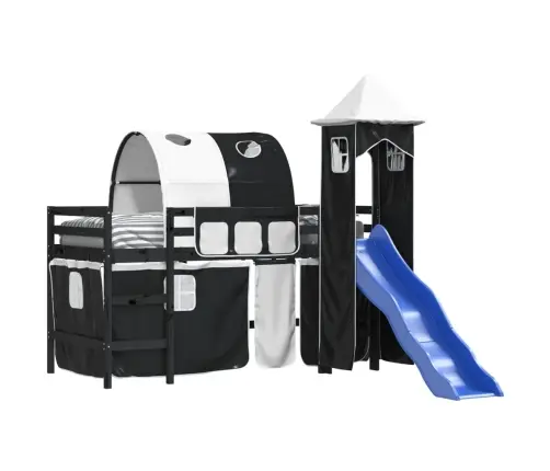 Bērnu Augstā Gulta Ar Torni, Melni Balta, 80X200 Cm, Priede Vidaxl