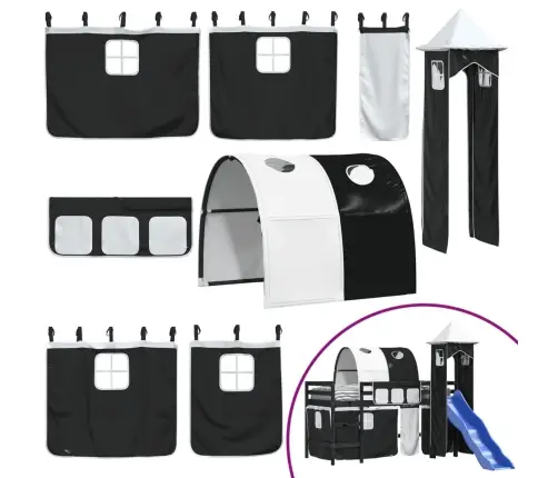 Bērnu Augstā Gulta Ar Torni, Melni Balta, 80X200 Cm, Priede Vidaxl