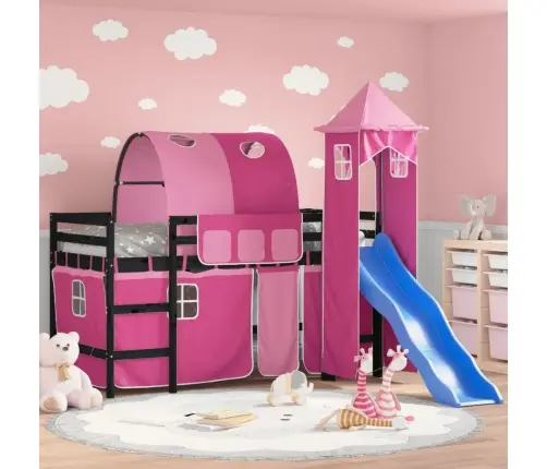 Laste Kõrge Voodi Torniga, Roosa, 80 X 200 cm Männipuit
