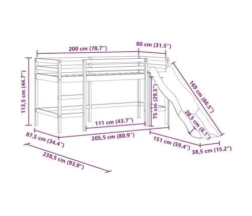 Aukšta Vaikiška Lova Su Čiuožykla, Balta, 80X200cm Pušis