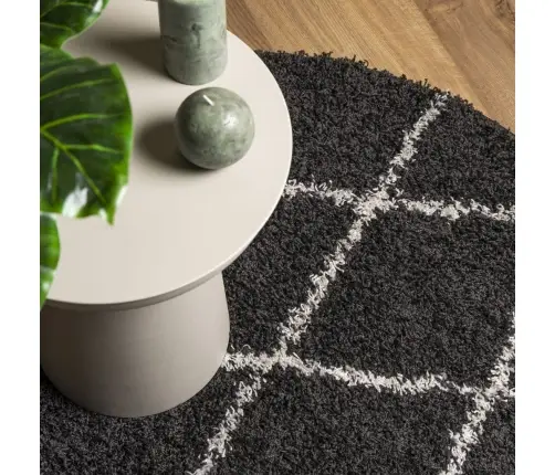 Kõrge Narmaga Shaggy Vaip "Pamplona", Must/Kreemjas, Ø 120 Cm