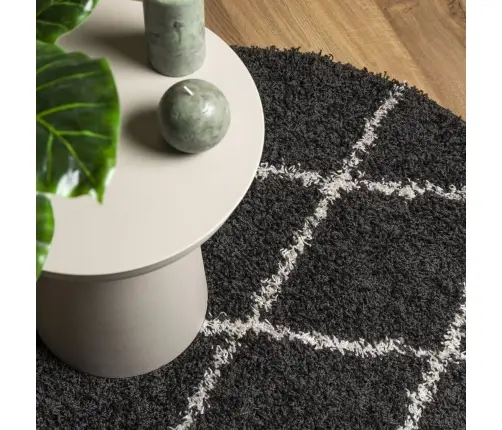 Kõrge Narmaga Shaggy Vaip "Pamplona", Must/Kreemjas, Ø 160 Cm