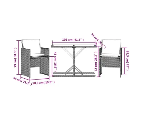 3-Daļīgs Bistro Mēbeļu Komplekts, Matrači, Melna Pe Rotangpalma Vidaxl