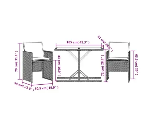 3-Daļīgs Bistro Mēbeļu Komplekts, Matrači,Pelēka Pe Rotangpalma Vidaxl