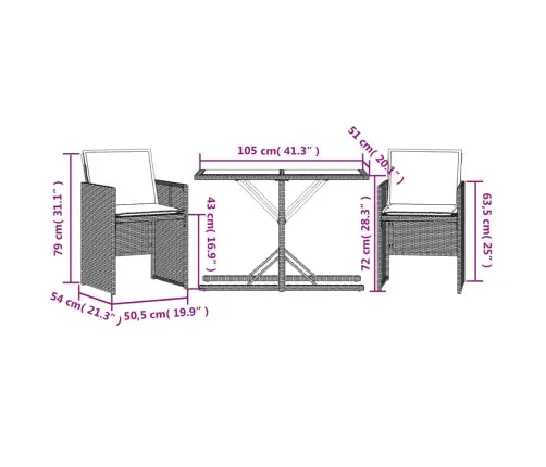 3-Daļīgs Bistro Mēbeļu Komplekts, Matrači, Brūna Pe Rotangpalma Vidaxl