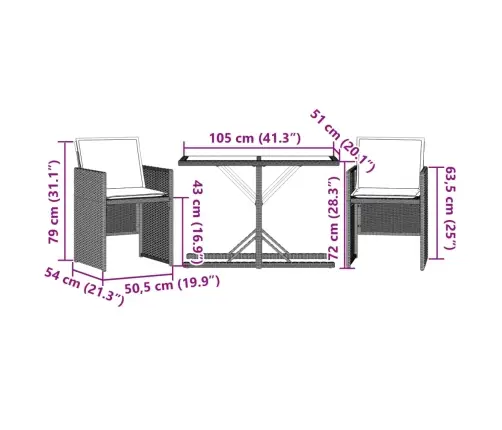 3-Daļīgs Bistro Mēbeļu Komplekts, Matrači,Pelēka Pe Rotangpalma Vidaxl