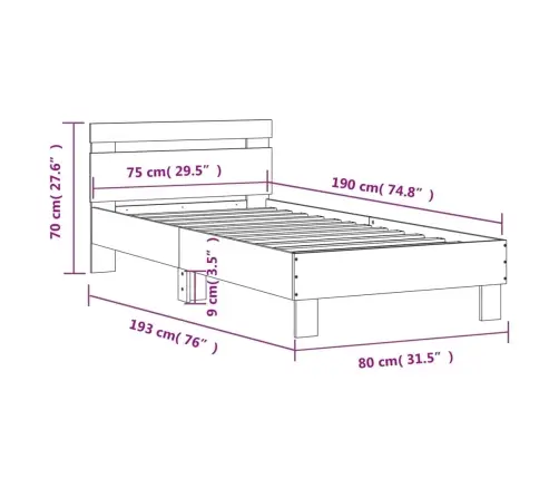 Voodiraam Peatsiga, Betoonhall, 75X190 cm Tehispuit