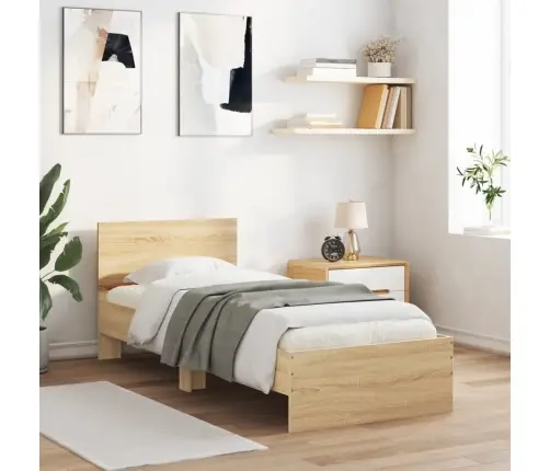 Gultas Rāmis Ar Galvgali Un Led, Koka Krāsa, 75X190 Cm Vidaxl