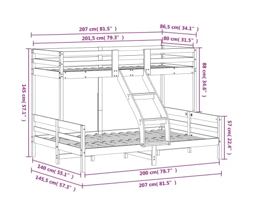 Divstāvu Gulta, 80X200/140X200 Cm, Balta, Priedes Masīvkoks Vidaxl