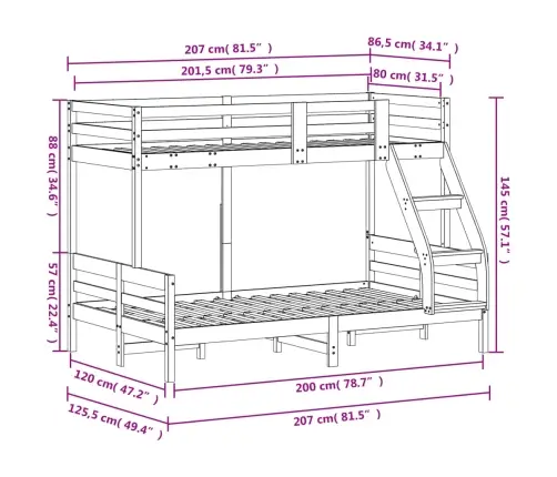 Divstāvu Gulta, 80X200/120X200 Cm, Priedes Masīvkoks Vidaxl