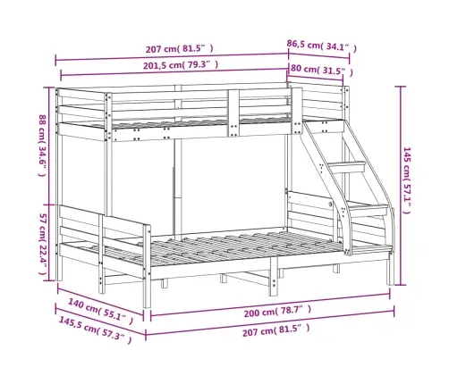 Dviaukštė Lova, 80X200/120X200cm Pušies Medienos Masyvas