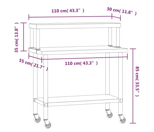 Köögi Töölaud Riiuliga, 110 X 55 X 120 cm Roostevaba Teras