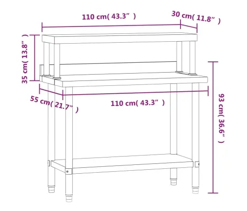 Köögi Töölaud Riiuliga, 110 X 55 X 120 cm Roostevaba Teras