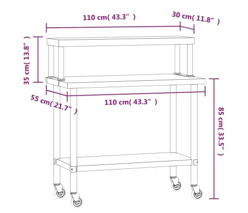 Köögi Töölaud Riiuliga, 110 X 55 X 120 cm Roostevaba Teras