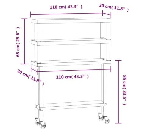 Köögi Töölaud Riiuliga, 110 X 30 X 150 cm Roostevaba Teras