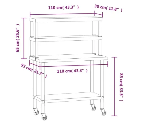 Köögi Töölaud Riiuliga, 110 X 55 X 150 cm Roostevaba Teras