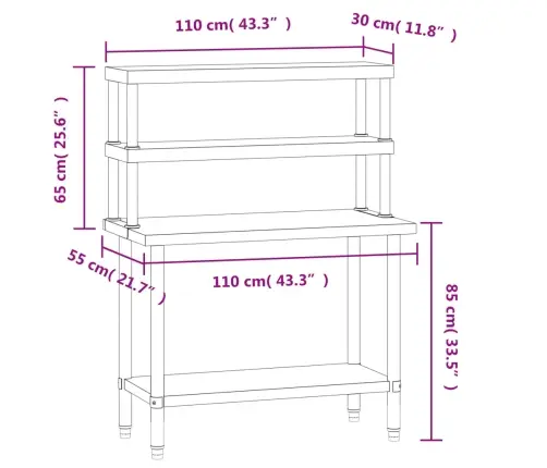 Köögi Töölaud Riiuliga, 110 X 55 X 150 cm Roostevaba Teras