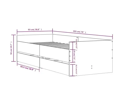 Gultas Rāmis Ar Atvilktnēm, Pelēka Ozolkoka, 90X190 Cm Vidaxl