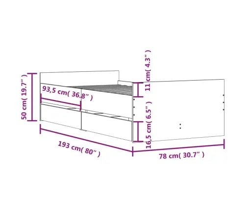 Voodiraam Sahtlitega, Pruun Tamm, 75 X 190 Cm