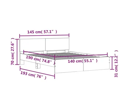 Gultas Rāmis Ar Galvgali, Pelēka Ozola, 140X190 Cm Vidaxl