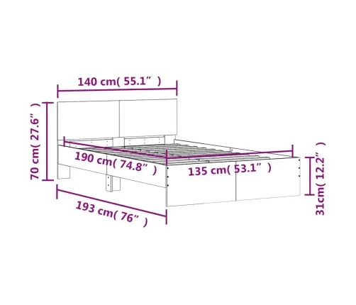 Gultas Rāmis Ar Galvgali, Koka Krāsa, 135X190 Cm Vidaxl