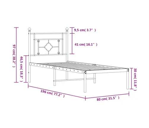 Gultas Rāmis Bez Matrača, Ar Galvgali, Balts Metāls, 75X190 Cm Vidaxl