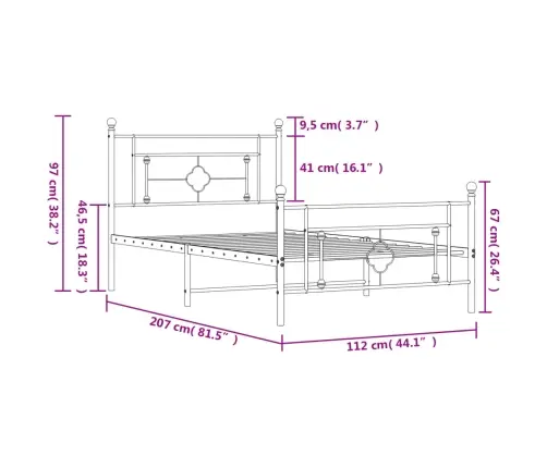 Metallist Voodiraam Peatsi Ja Jalutsiga, Valge, 107X203 Cm