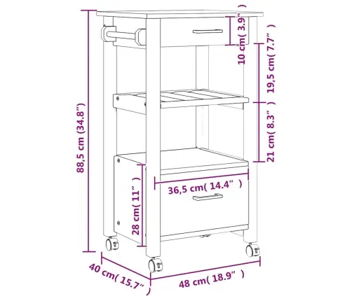 Köögikäru "Monza", 48 X 40 X 88,5 cm Männipuit