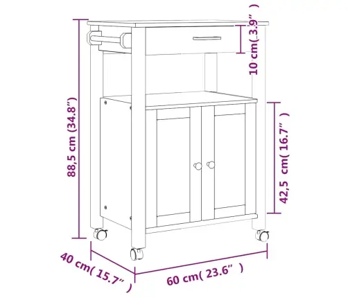 Köögikäru "Monza", 60 X 40 X 88,5 cm Männipuit