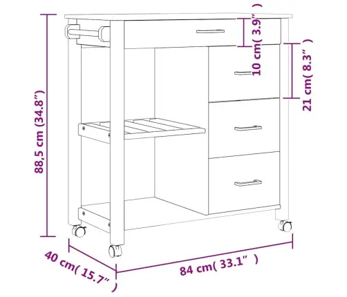Virtuvės Vežimėlis Monza, 84X40X88,5cm Pušies Medienos Masyvas