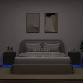 Naktsskapīši Ar Led Lampām, 2 Gab., Melns, Inženierijas Koks Vidaxl