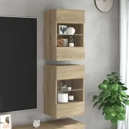 Sieninės Spintelės Su Led Apšvietimu Televizoriui, 2Vnt., Ąžuolo, 40X30X60,5Cm