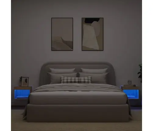 Sieninės Naktinės Spintelės Su Led Lemputėmis, 2Vnt., Ąžuolo