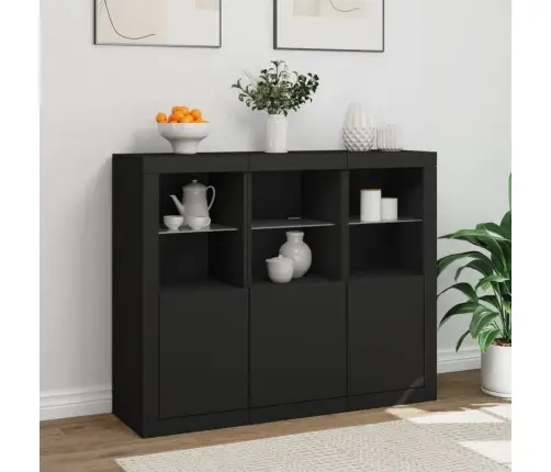 Kumodes Ar Led Apgaismojumu, 3 Gab., Melns, Inženierijas Koks Vidaxl