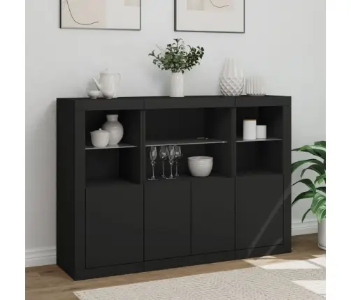 Kumodes Ar Led Apgaismojumu, 3 Gab., Melns, Inženierijas Koks Vidaxl