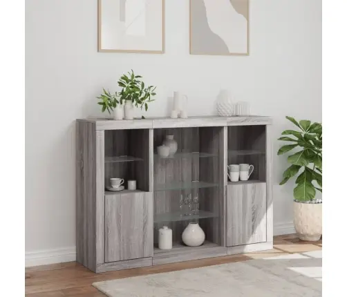 Šoninės Spintelės Su Led, 3Vnt., Pilkos Ąžuolo, Mediena Šoninės Spintelės Su Led, 3Vnt., Pilkos Ąžuolo, Mediena