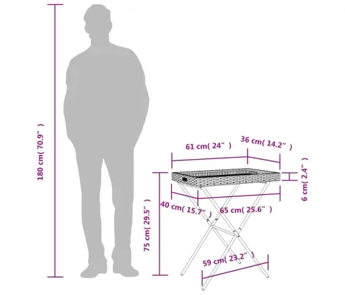 Sulankstomas Padėklas-Stalas, Rudas, 65X40X75cm Poliratanas