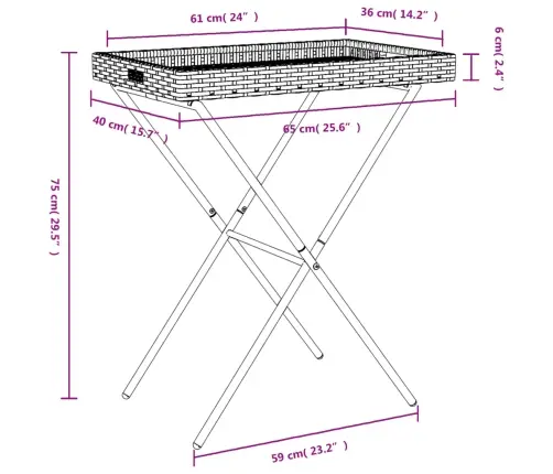 Sulankstomas Padėklas-Stalas, Rudas, 65X40X75cm Poliratanas