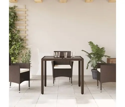 Stalas Su Stikliniu Stalviršiu, Rudas, 90X90X75cm Poliratanas Stalas Su Stikliniu Stalviršiu, Rudas, 90X90X75cm Poliratanas