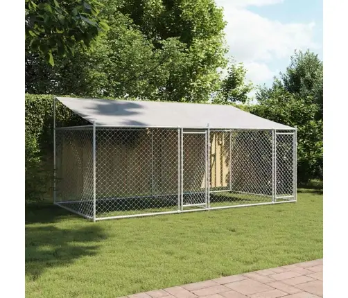 Suņu Būris Ar Jumtu Un Durvīm, Pelēks, 4X2X2 M, Cinkots Tērauds Vidaxl