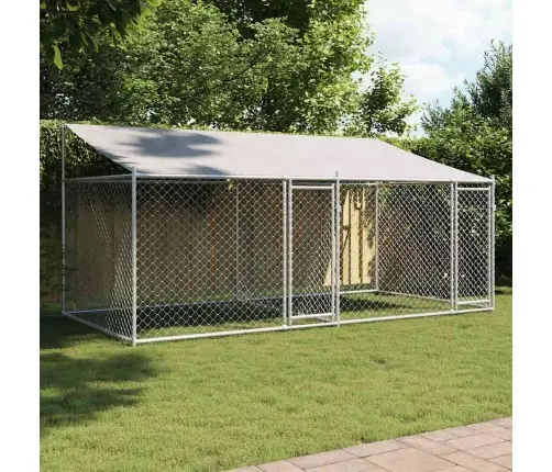 Suņu Būris Ar Jumtu Un Durvīm, Pelēks, 4X2X2 M, Cinkots Tērauds Vidaxl