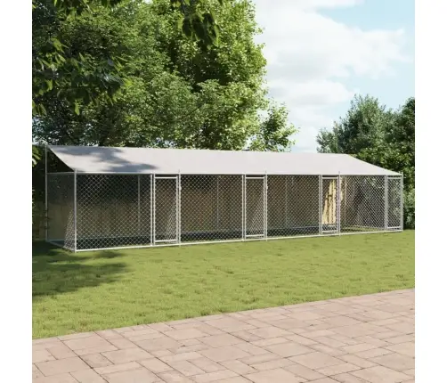 Suņu Būris Ar Jumtu Un Durvīm, Pelēks, 8X2X2 M, Cinkots Tērauds Vidaxl