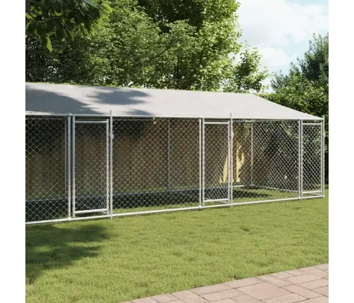 Suņu Būris Ar Jumtu Un Durvīm, Pelēks, 8X2X2 M, Cinkots Tērauds Vidaxl