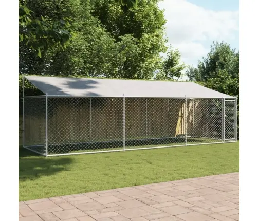 Suņu Būris Ar Jumtu Un Durvīm, Pelēks, 6X2X2 M, Cinkots Tērauds Vidaxl