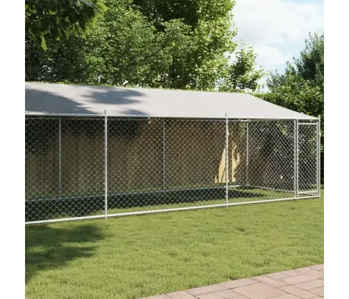 Suņu Būris Ar Jumtu Un Durvīm, Pelēks, 8X2X2 M, Cinkots Tērauds Vidaxl